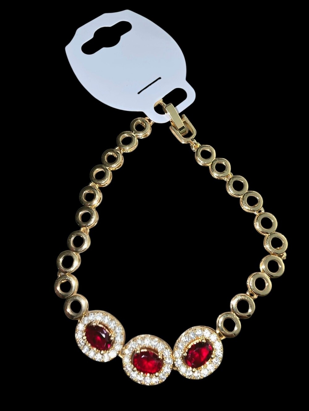 18K Yellow Gold Filles Bracelet with Cherry Red Garnets & White Topaz Accents 7"